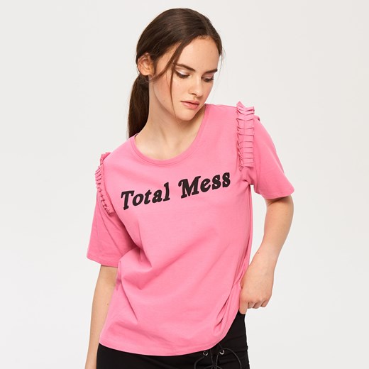 Sinsay - T-shirt z falbankami na ramionach - Różowy rozowy Sinsay M 