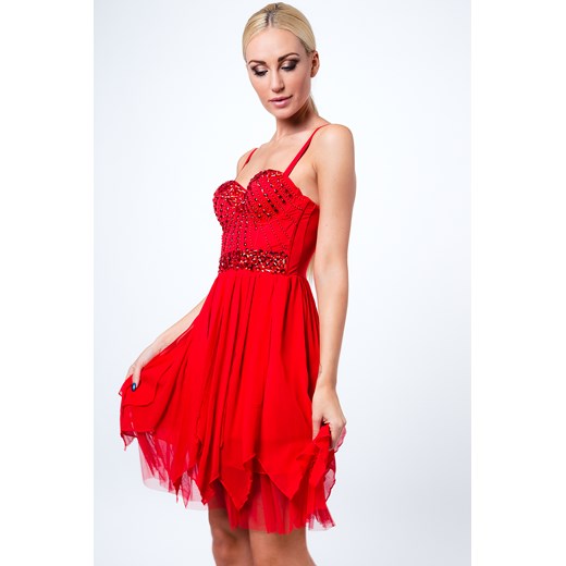 Sukienka z ozdobnymi kamykami czerwona 6556