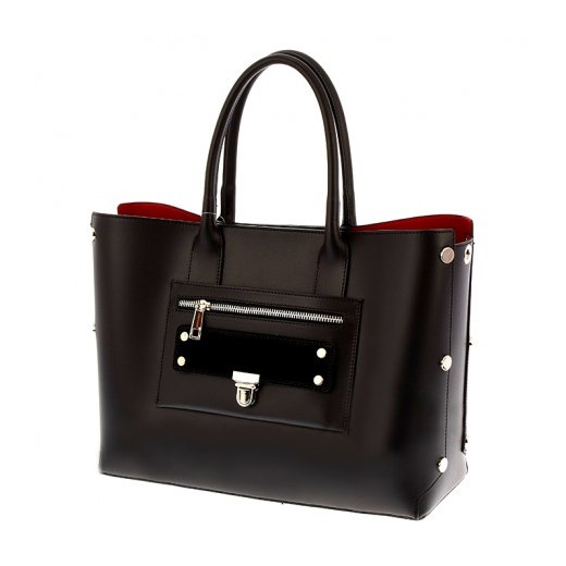 Shopper skórzana torebka z czerwonym wnętrzem czarny Vera Pelle stylowagalanteria.com