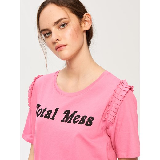 Sinsay - T-shirt z falbankami na ramionach - Różowy