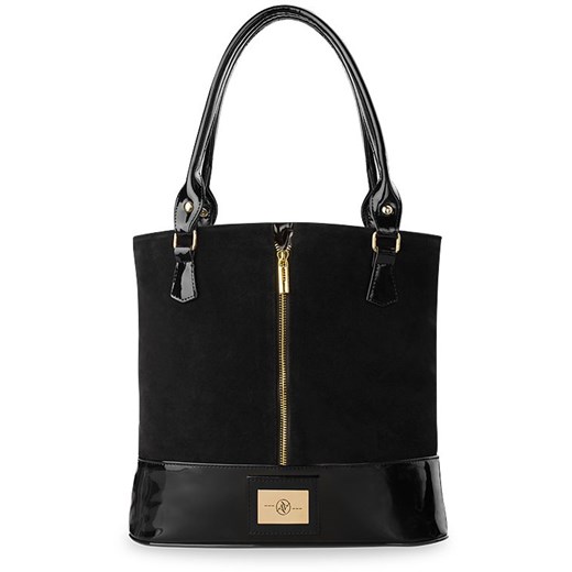 Elegancka klasyczna torebka lakierowana  zamsz - czarna