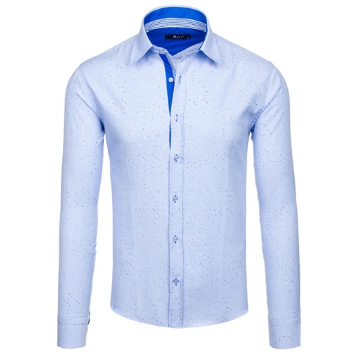 Koszula męska we wzory z długim rękawem błękitna Bolf 6887