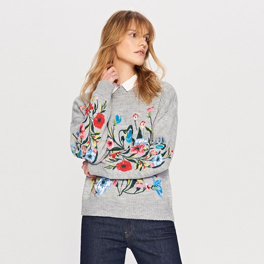 Reserved - Sweter z kwiatowym haftem - Szary szary Reserved M 