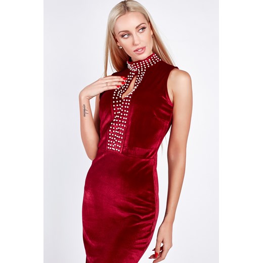 Sukienka welurowa z perełkami bordowa 6656 fasardi XL fasardi.com