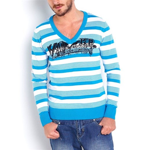 Sweter w paski, dekolt w kształcie litery V la-redoute-pl niebieski bawełniane