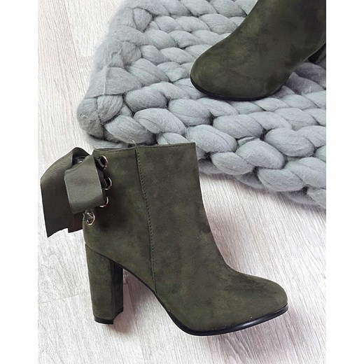 Zielone botki damskie z kokardami /E1-1 1289 S228/ szary Abloom 37 pantofelek24.pl