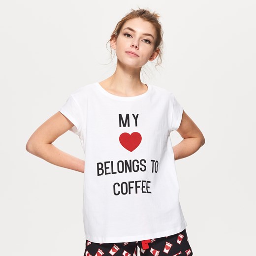 Cropp - Koszulka piżamowa z napisem - Biały Cropp bialy L 