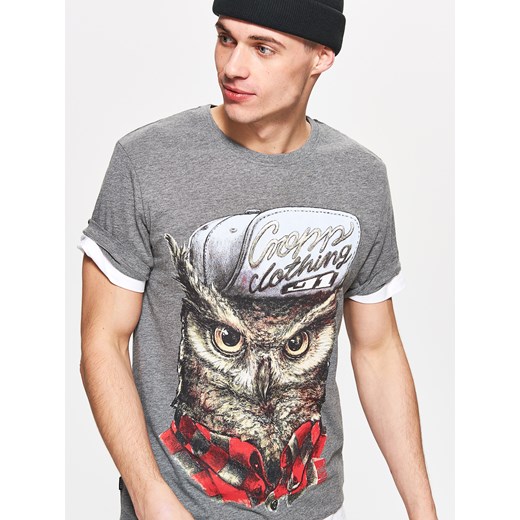 Cropp - Koszulka z sową - Szary Cropp bezowy XL 