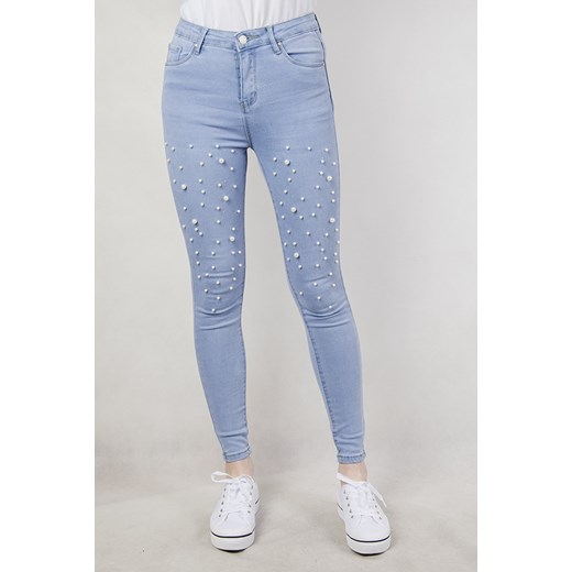 Jasne spodnie jeansowe z koralikami oraz cyrkoniami niebieski  XL olika.com.pl