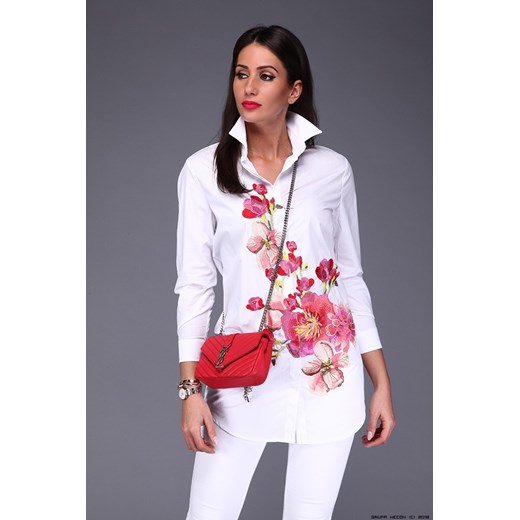 koszula damska made in italy ** dłuższa biała koszula + jedwabne hafty fioletowy XS/S LUXURYONLINE