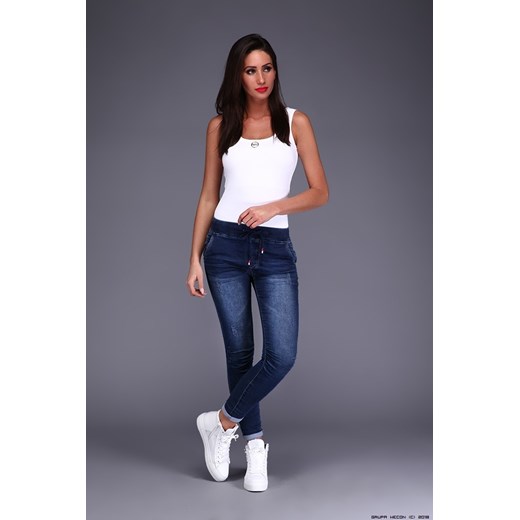 spodnie damskie made in italy ** półsportowe przecierane jeansy - zamki niebieski S LUXURYONLINE