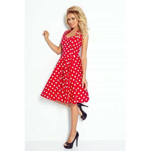 Czerwono Biała Sukienka Rozkloszowana w Grochy Rockabilly Pin Up pomaranczowy Molly.pl uniwersalny