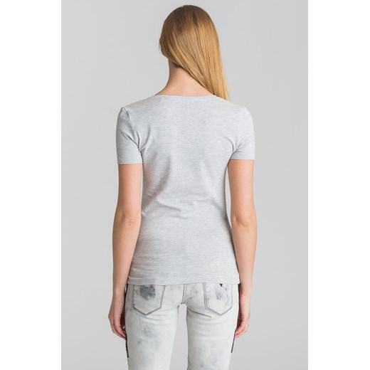 Szary t-shirt damski z nadrukiem i głębokim dekoltem Guess  M Velpa.pl