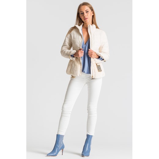 Kremowa pikowana kurtka damska z futrzaną baskinką Elisabetta Franchi  44 Velpa.pl