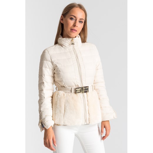 Kremowa pikowana kurtka damska z futrzaną baskinką  Elisabetta Franchi 44 Velpa.pl