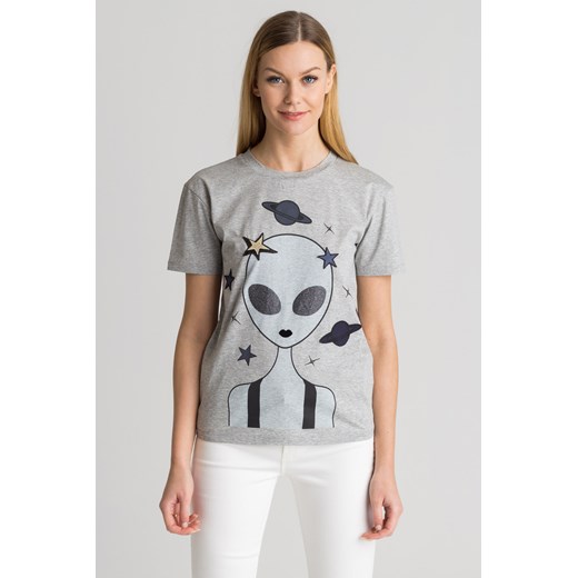 Szary t-shirt damski z kosmicznym nadrukiem Emporio Armani 38 (roz. polski 34) Velpa.pl