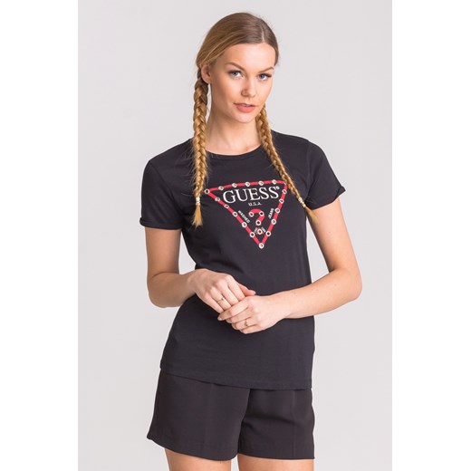 Czarny t-shirt damski z czerwonym nadrukiem i ringami Guess M Velpa.pl