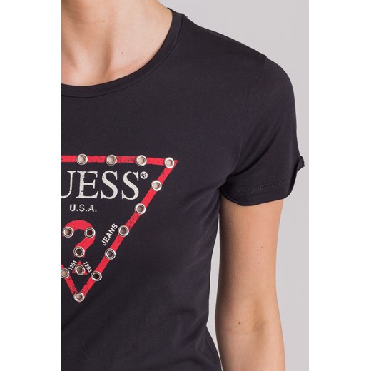 Czarny t-shirt damski z czerwonym nadrukiem i ringami Guess M Velpa.pl