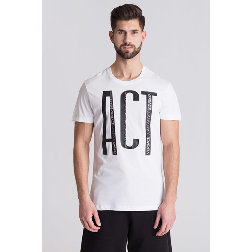 Biały t-shirt męski z czarną skórzaną aplikacją  Versace Jeans M Velpa.pl