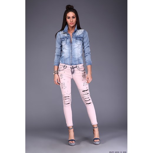 spodnie damskie d-she ** jeansy w pastelowym różu+ kryształy- push up