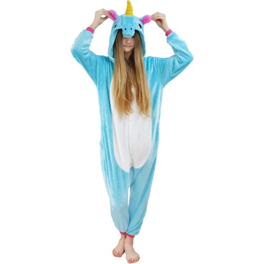 Piżama kigurumi jednoczęściowe przebranie kostium z kapturem – błękitny jednorożec turkusowy  S world-style.pl