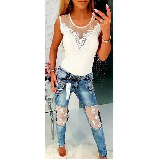 Niesamowite spodnie jeans 3D kwiatuszki tiul bezowy Burciaga Butik S