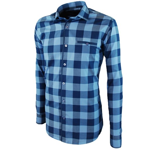 Koszula męska z długim rękawem w niebieską kratkę 022