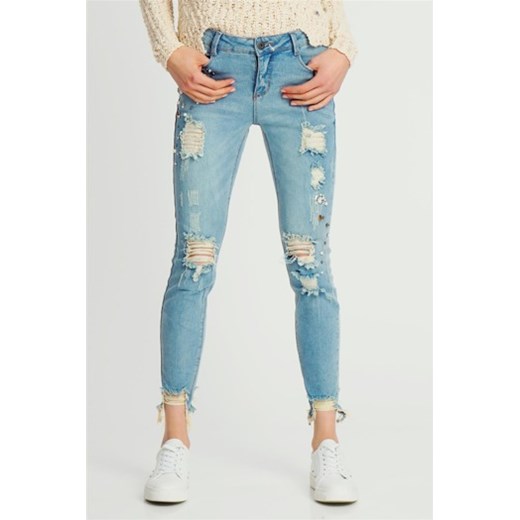 Spodnie jeansowe damskie z kryształkami i dziurami Sublevel Rock Angel niebieski L okazja cityruler2018 