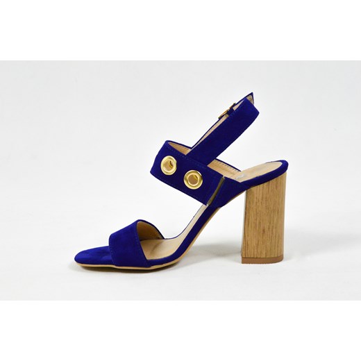 MargoShoes szafirowe niebieskie sandałki buty letnie z ozdobnymi oczkami w kolorze złotym na drewnianym słupku skóra naturalna Margoshoes zielony 35 