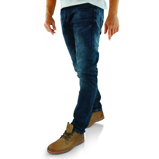 Jeansy męskie z rozjaśnieniami w ciemno-niebieskim kolorze SM659