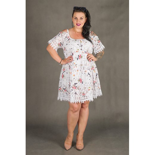 Biała Sukienka KLEO Koronka Plus Size - biały pomaranczowy 44/48 TONO