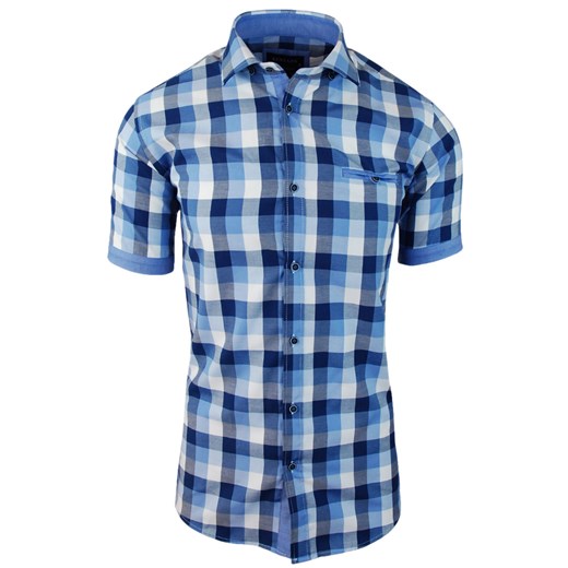 Koszula męska z krótkim rękawem w niebieską kratkę 064   XL promocyjna cena merits.pl 