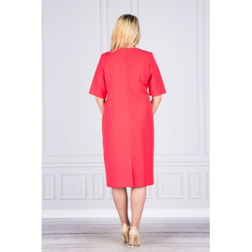 Sukienka Inter Irex różowa z okrągłym dekoltem midi w nadruki elegancka z krótkim rękawem