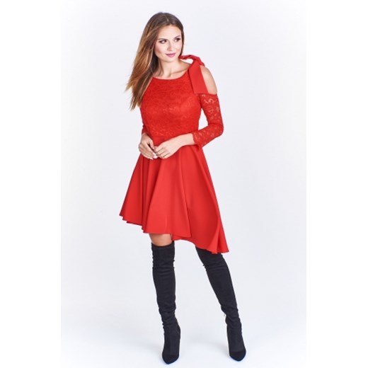 Sukienka czerwona Bergamo z długim rękawem z okrągłym dekoltem asymetryczna na randkę 