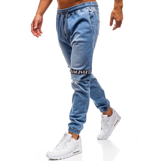 Spodnie jeansowe joggery męskie jasnoniebieskie Denley 2031