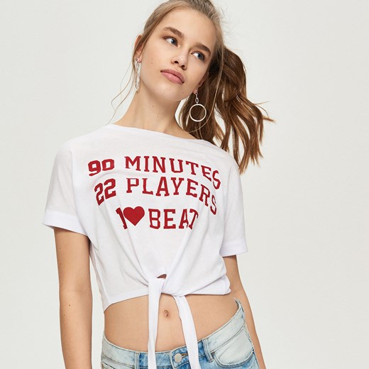 Sinsay - T-shirt z wiązaniem w talii - Biały Sinsay XL