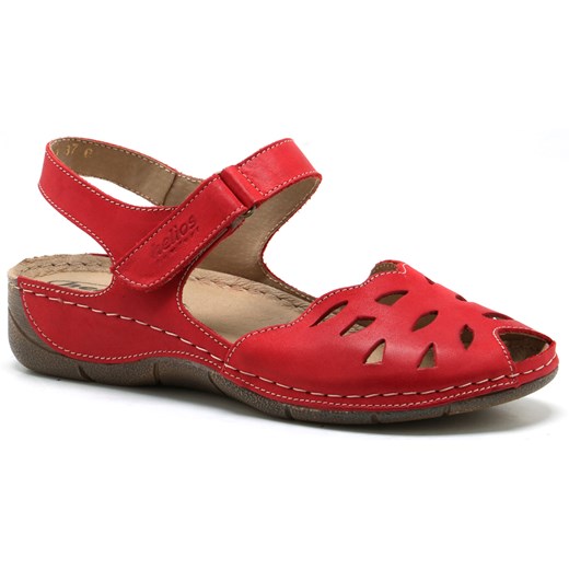 Helios sandały damskie czerwone na koturnie bez wzorów na rzepy 