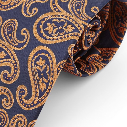 Szeroki granatowo-pomarańczowy krawat z poliestru we wzór paisley