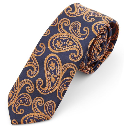 Granatowo-pomarańczowy krawat z poliestru we wzór paisley