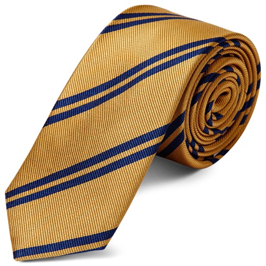 Złoty krawat jedwabny w podwójne ciemnogranatowe paski 6 cm