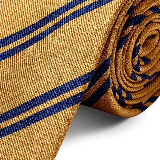 Złoty krawat jedwabny w podwójne ciemnogranatowe paski 6 cm