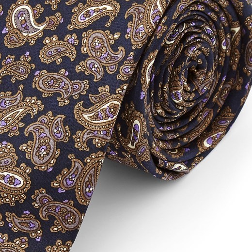 Brązowo-fioletowy krawat z jedwabiu we wzór paisley