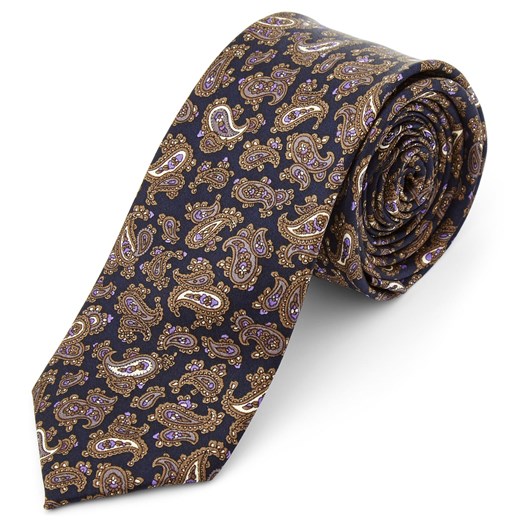 Brązowo-fioletowy krawat z jedwabiu we wzór paisley
