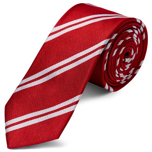 Czerwony krawat jedwabny w podwójne białe paski 6 cm