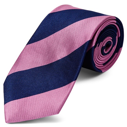 Różowo-ciemnogranatowy krawat jedwabny w paski - 8 cm