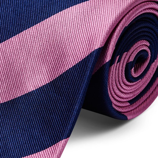 Różowo-ciemnogranatowy krawat jedwabny w paski - 8 cm