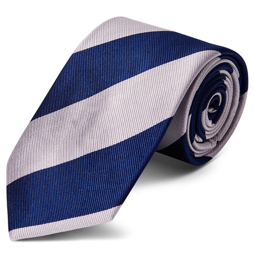 Krawat jedwabny w srebrno-granatowe paski 8 cm