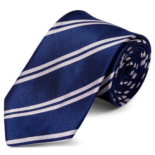 Ciemnogranatowy krawat jedwabny w podwójne białe paski 8 cm