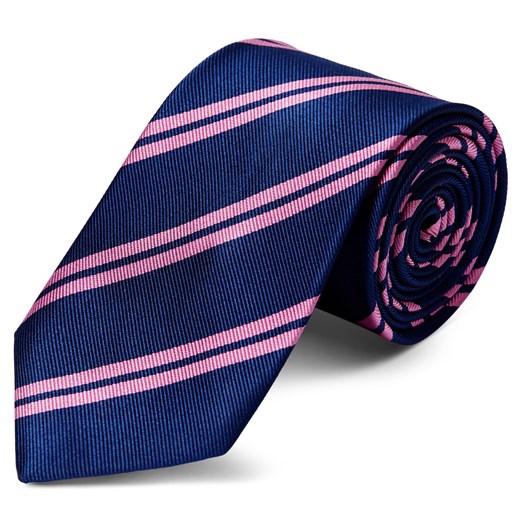 Ciemnogranatowy krawat jedwabny w podwójne różowe paski 8 cm