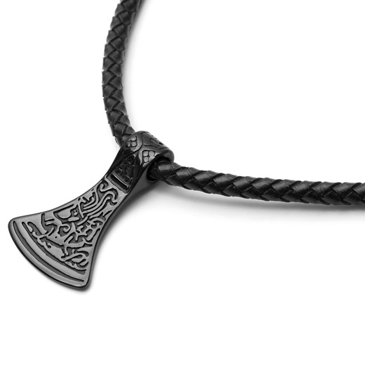 Czarny skórzany naszyjnik z runą w kształcie młota Thora
